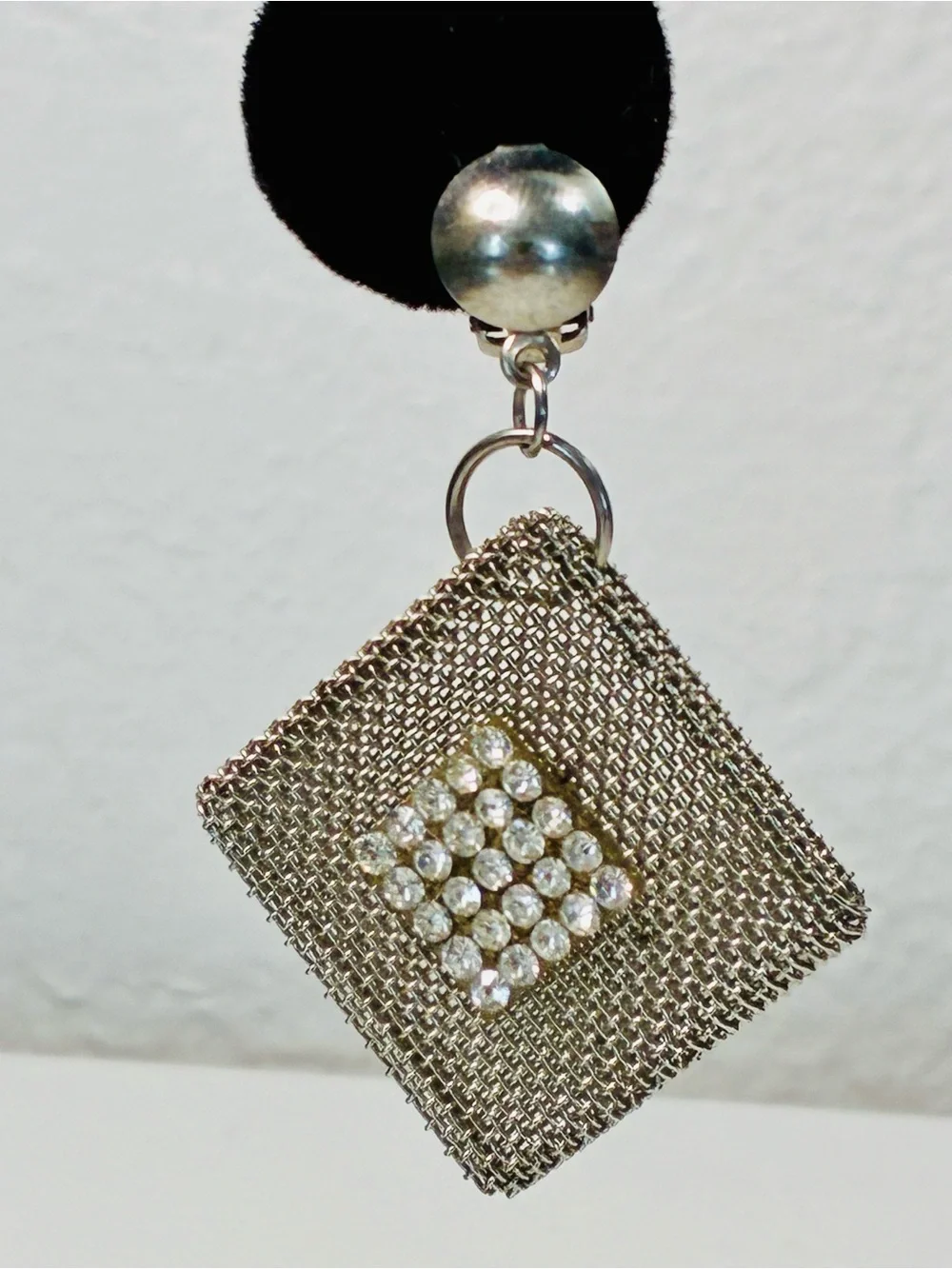 Art Deco Inspired Silver-Tone Mesh Diamond Drop Clip Earrings w/Crystal Cluster